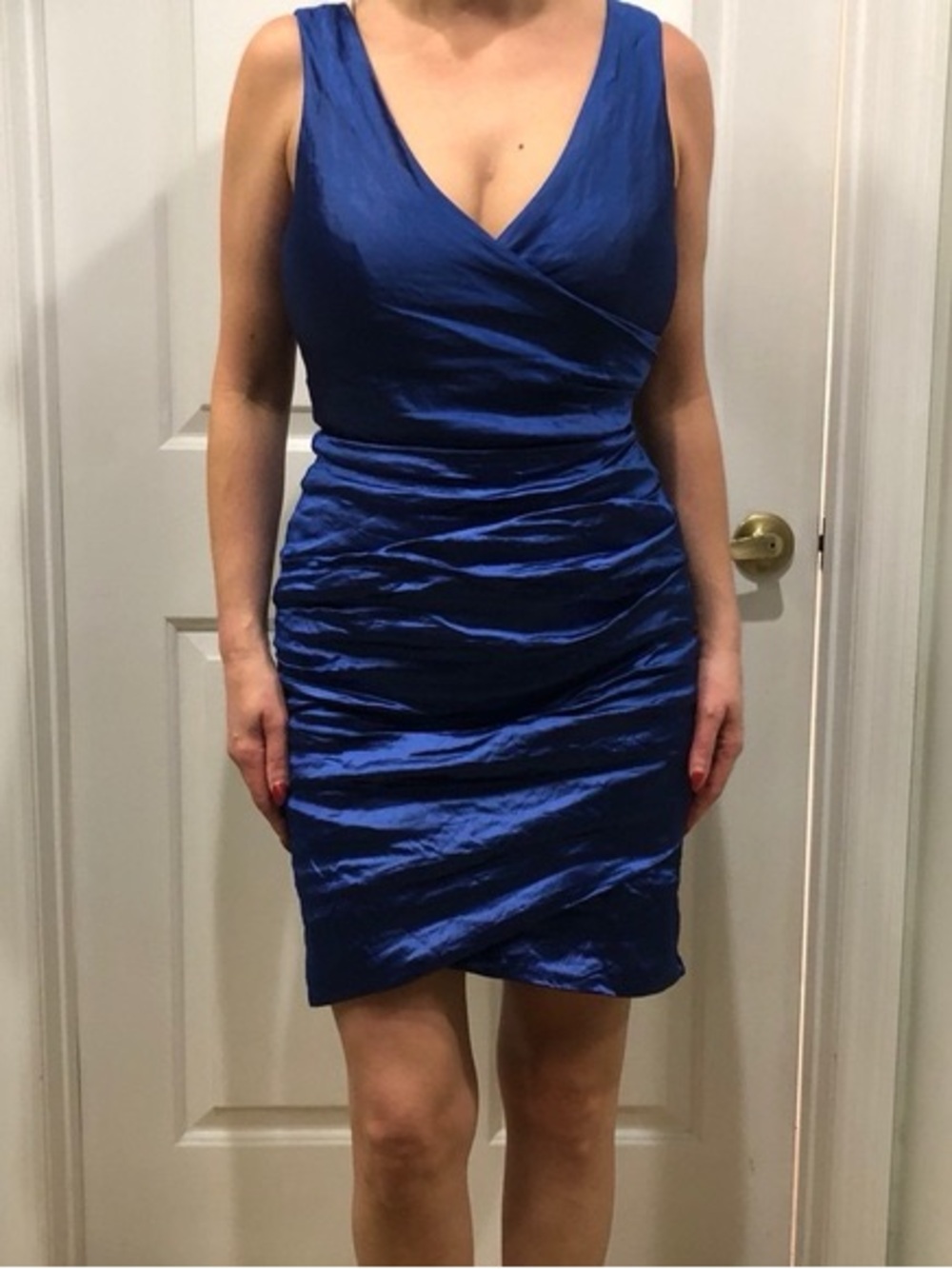 Nicole Miller Sapphire Blue Sleeveless V-Neck Ruched Mini Dress